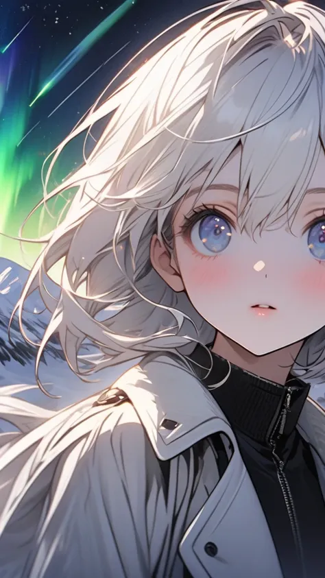 Beautiful girl with white hair，Open white long trench coat，Black lining，Snowy mountain tops，Starry Sky，Meteor，Put your hands in your pockets，Look up at the Starry Sky，panoramic，Character Close-up，midnight，Aurora