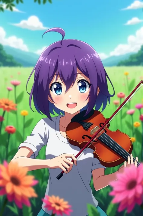 screenshot of my hero academia.
Girl with short purple hair, blue eyes and a smile.He plays the violin against a field of flowers