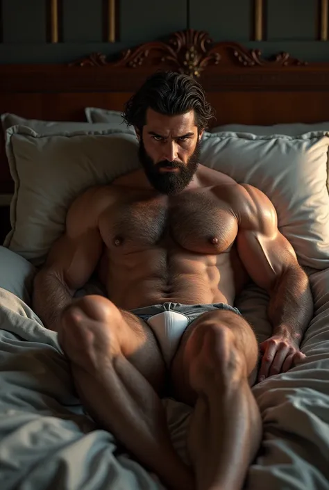 (photorealism:1.2), hairy muscular man naked in bed showing his cock