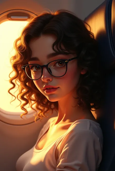 A curly hair girl with glasses sitting in the first row of flight and the window open where golden light was shining on her face