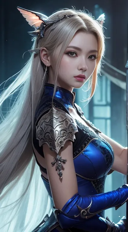 Close-up of woman in silver and blue dress, Chengwei Pan at Art Station, Jan J, Detailed fantasy art, Amazing character art, Fan Art Best Art Station, Magnificent and elaborate character art, Beautiful Armor, Highly detailed art gems, Detailed digital anim...