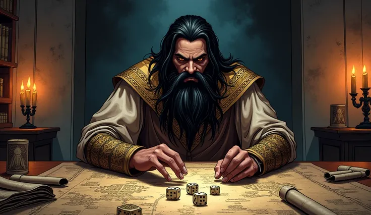 Shakuni ancient king in his private quarters, rolls the bone dice on a table covered with maps and scrolls. His expression is one of satisfaction as he contemplates the chaos he is orchestrating. The shadows cast by the flickering candles create an eerie a...