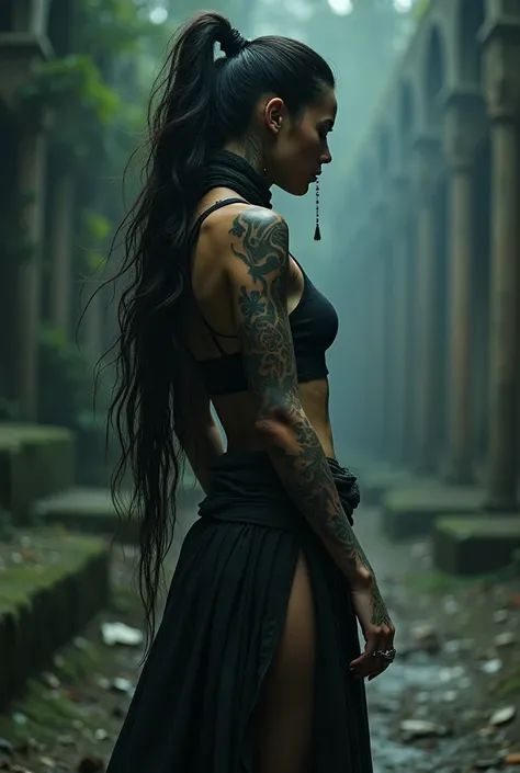 night, very dimly lit, highly detailed, intricate, masterwork, random view angle, skinny female warrior, extensively tattooed tribal inspired, confidence, asserted, lost in thoughts, exhausted, disappointed, fantasy futuristic mixed setting, extremely long...