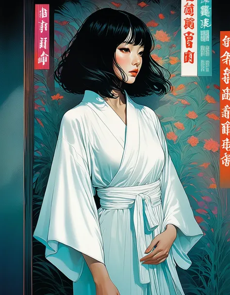 An illustration、art、70s horror movie posters, Inuki Kanako、Attention to detail, Analog Style, chromatic aberration, Surrealism、Complementary Gradient、A woman in a pure white kimono、Spooky atmosphere、White robes