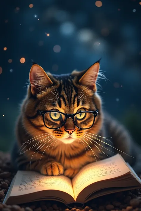 A brown cat is reading a book seriously,Wear glasses,宝箱にはHealingの公式が現れる,background,Night Sky、star々,backgroundに宝箱があります,((Astronomical formulas emerge from the book:2))、Healing、healing