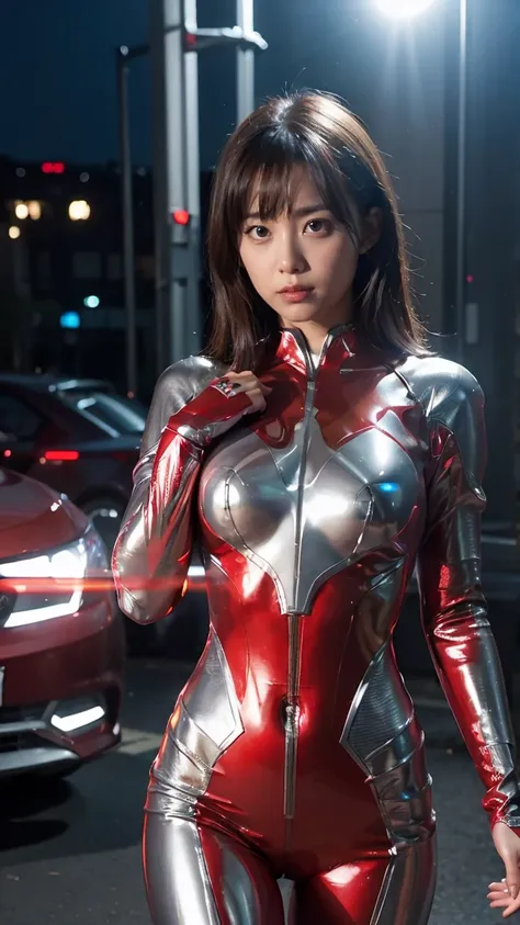 ultraman、realistic、realistic、cinematic lighting, girl in a shiny red and silver suit、、professional photos、don&#39;do not expose ...