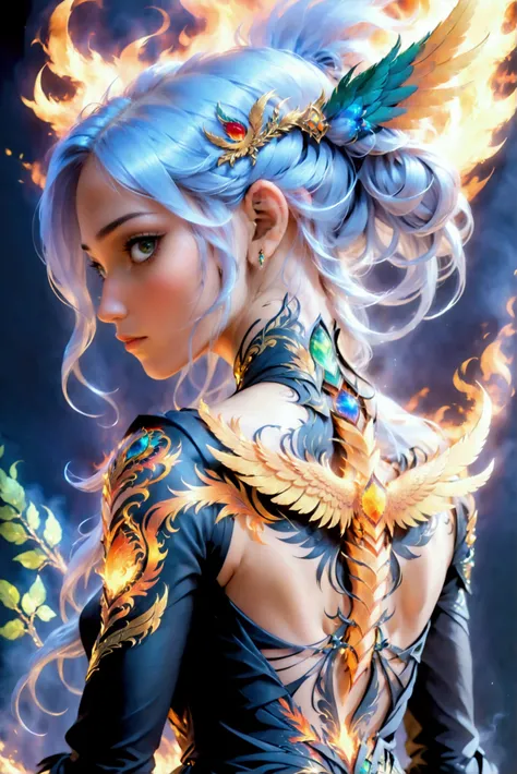 watercolor art, fantasy art, goth art, a picture of a tattoo on the back of a female elf, a glowing tattoo of a ((phoenix: 1.3)) on the elfs back, the ((phoenix tattoo)) is vivid, intricate detailed coming to life from the ink to real life, ((fire surround...