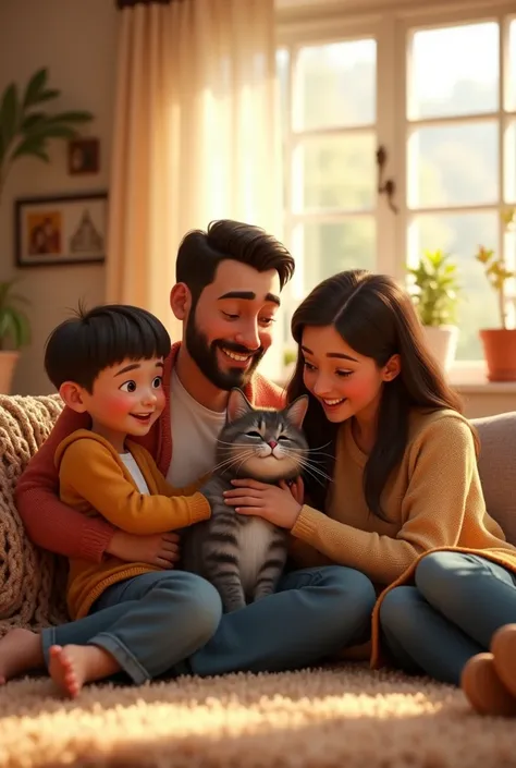 With a 3d Pixar Animation,A warm, cozy living room with a loving family gathered around a gray tabby cat. The parents and little brother are smiling as the   hugs the cat, who is starting to relax and feel safe