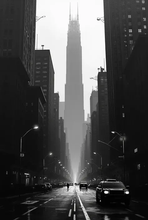 Create a black and white painting of tall buildings depicting the darkness of the city seen from a distance and slightly above.