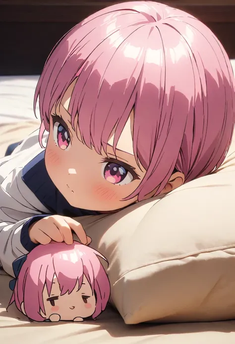 (Highest quality, 4K, 8k, High resolution, masterpiece:1.2), Very detailed, Picturesque, Animated Photography, Photo Animation:1.37)、Japanese schoolgirl、(Pink Hair)、(Pixie Cut)、(chibi:1.4),white shirt、short pants、black cheokr、 on bed、lying down、Full body p...