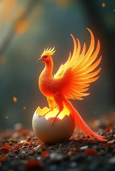 A phoenix hatches from a phoenix egg，Its feathers are made of colored flames，The surrounding environment is a microcosm of the four seasons of spring, autumn and winter.