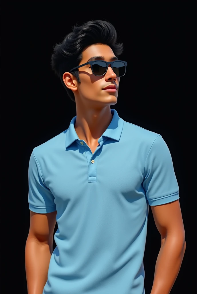 A  tan boy with black wavy hair wearing sunglasses and sky blue polo t shirt with black background  