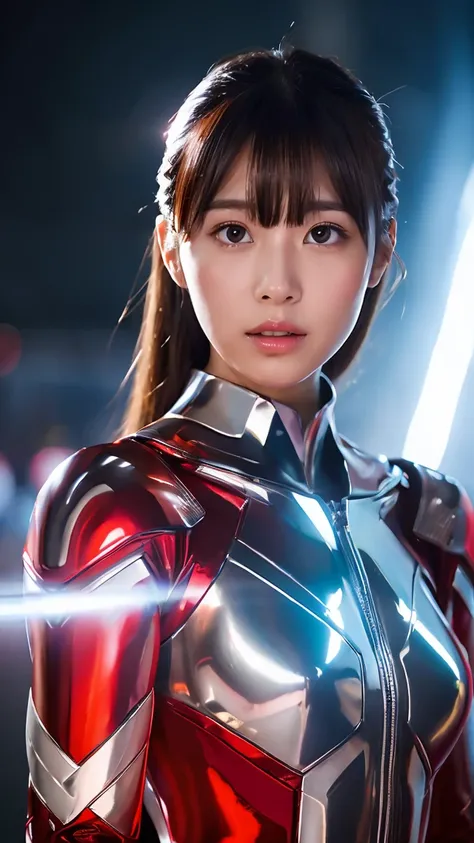 ultraman、realistic、realistic、cinematic lighting, girl in a shiny red and silver suit、、professional photos、don&#39;do not expose ...