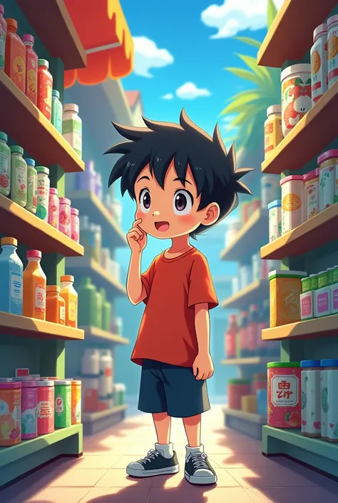 Make a boy anime poster choosing what to buy at store