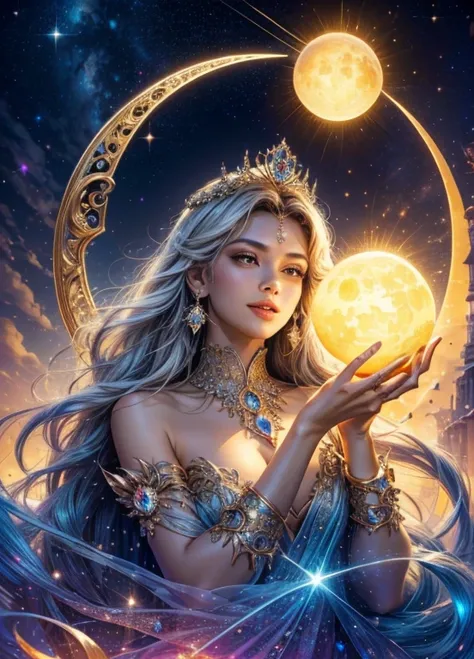 A light orb surround by the magician circle with inside the orb has a diamond, many shining butterfly, beautiful smile, sparkle sky, shining, gust of wind, light bright flowers, sun and moon, dark light of fantastic and cosmological with universal. Amazing...