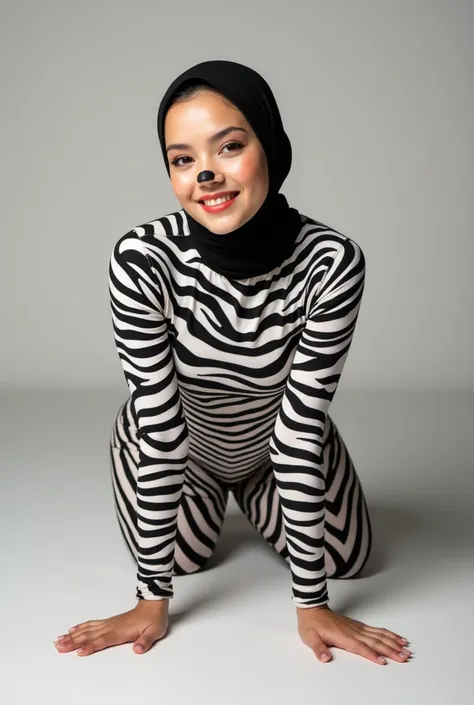 The beautiful muslimah asian adult girl with beautiful cheeks wears plains zebra print lycra turtleneck unitard catsuit covered with stripes and plains zebra print lycra elastane stretchy dancewear 100% stretchy hijab-.She is happy to crawl.She always put ...