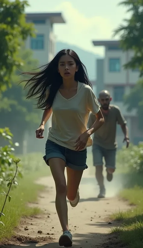 A scene of a teenage girl with long black hair running away from a zombie chasing her from behind, in the location of Mae Fah Luang University.