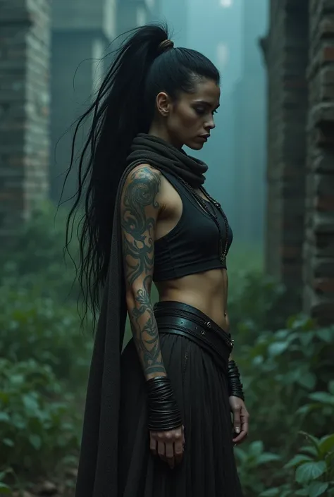 night, very dimly lit, highly detailed, intricate, masterwork, random view angle, skinny female warrior, extensively tattooed tribal inspired, confidence, asserted, lost in thoughts, exhausted, disappointed, fantasy futuristic mixed setting, extremely long...