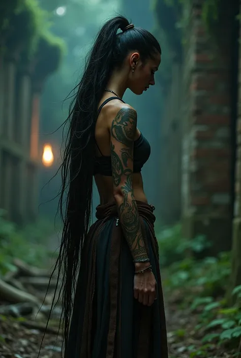 night, very dimly lit, highly detailed, intricate, masterwork, random view angle, skinny female warrior, extensively tattooed tribal inspired, confidence, asserted, lost in thoughts, exhausted, disappointed, fantasy futuristic mixed setting, extremely long...