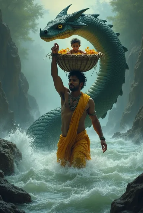 Vasudev picked up on his head Shri Krishna in a bamboo basket, the scene is The rising of the river and the protection of the 5 serpent god over Krishna And Vasudev is immersed in water up to his neck 