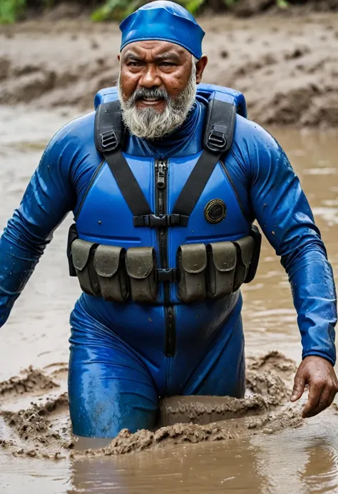 (a dark-skinned bearded fat old man in a bulky blue zipper diver suit) swimming surfacing from mud, shooting with gun and (wearing army beret), muscular, Basuki Abdullah, sumatraism, action, a character portrait, heroic, fierce, angry