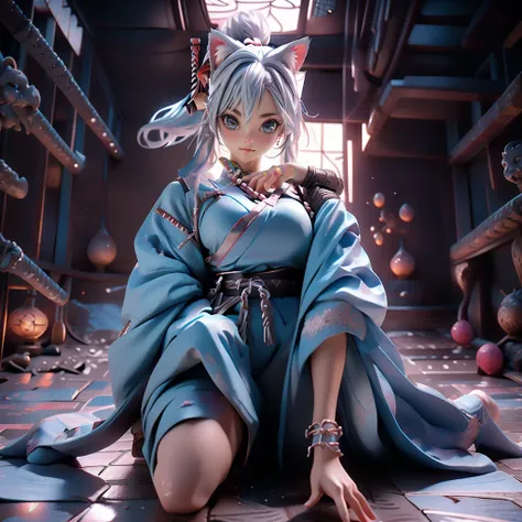 Moisturized Skin, (blue eyes), Realistic body, (Adult female body), Energetic, 3DCG, front, Pink lipstick, (Silver Hair), ((Cat ear)), Beautiful Hair, Long Hair, ponytail, (((Samurai Armor: 1.3))), ((masterpiece + Highest quality + High resolution + Very d...