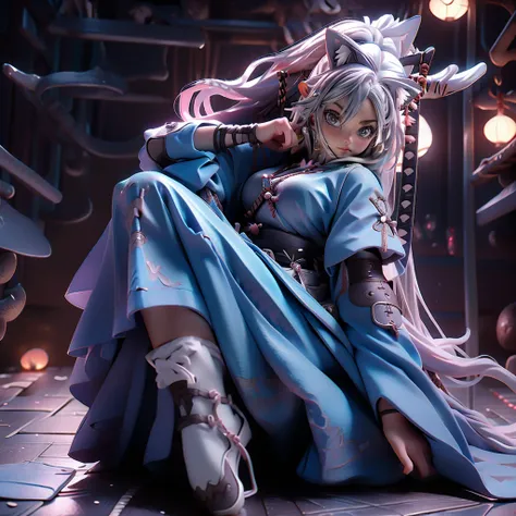 Moisturized Skin, (blue eyes), Realistic body, (Adult female body), Energetic, 3DCG, front, Pink lipstick, (Silver Hair), ((Cat ear)), Beautiful Hair, Long Hair, ponytail, (((Samurai Armor: 1.3))), ((masterpiece + Highest quality + High resolution + Very d...