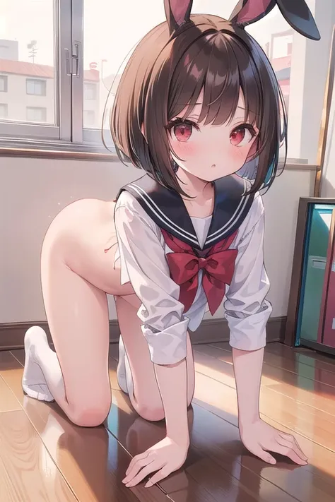 ((nsfw)),masterpiece, best quality, ultra detailed, 4K, 1 cute girl,Elementary school girl、cute face, cool face,droopy eyes, swept bangs, bob cut, brown hair, red eyes, Sailor Bunny Girl,Slender,  on all fours,full body shot