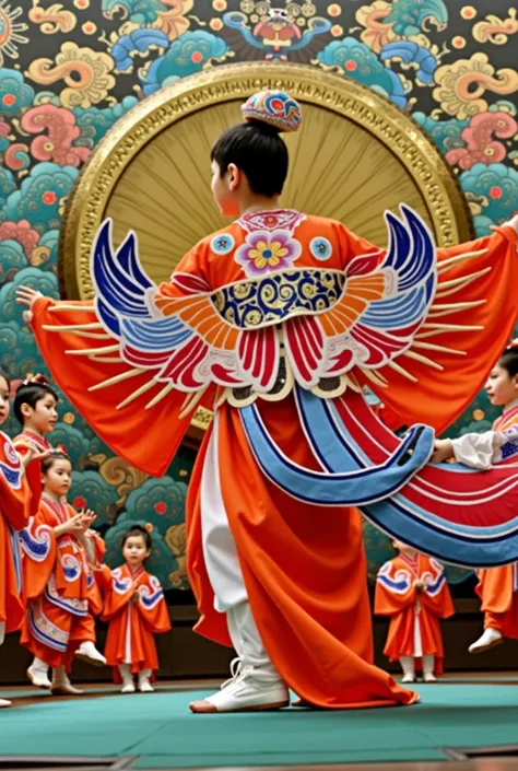 Phoenix Resurrection Dance、(Traditional Japanese Bugaku)、(Phoenix feather costume)、(Children wear costumes modeled after phoenix feathers and perform a dance symbolizing the phoenix&#39;s return from the underworld.)、The background is filled with a huge de...