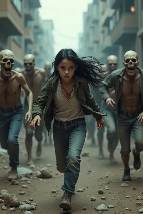 A horde of zombies chases a black-haired teenage girl.