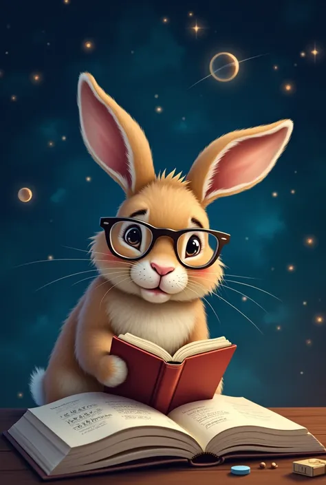 A droopy-eared rabbit is reading a book seriously,Wear glasses,宝箱にはHealingの公式が現れる,background,Night Sky、star々,backgroundに宝箱があります,((Astronomical formulas emerge from the book:2))、Healing、healing