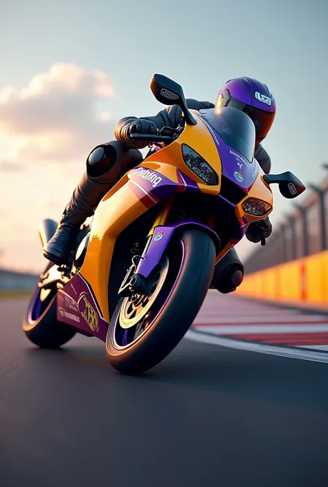 high resolution、high quality、Real、Realistic、Realな質感、Realistic、motorcycle、Yellow and purple motorcycle、drift、Bend the handle、Going around a curve、During the race、multiple、Super detailed、High resolution、