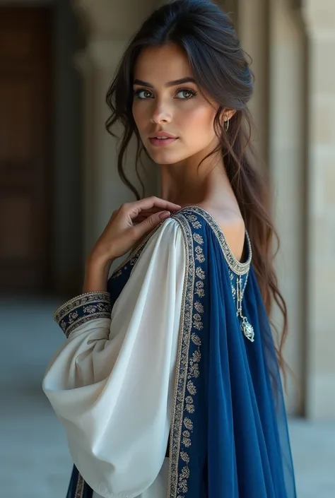 There is a beautiful Arabiyan women standing, she is perfect, she is so much beautiful, She wear a beautiful blue and white dress, 