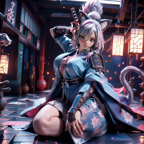 Moisturized Skin, (blue eyes), Realistic body, (Adult female body), Energetic, 3DCG, front, Pink lipstick, (Silver Hair), ((Cat ear)), Beautiful Hair, Long Hair, ponytail, (((Samurai Armor: 1.3))), ((masterpiece + Highest quality + High resolution + Very d...