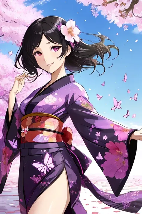 Butterfly patterned kimono, woman, sunlight, cherry blossom petals dancing, black hair, flower patterned fan, graceful dancing, lustrous, purple kimono, clear sky, graceful movements, gazing at you, smile, moist eyes