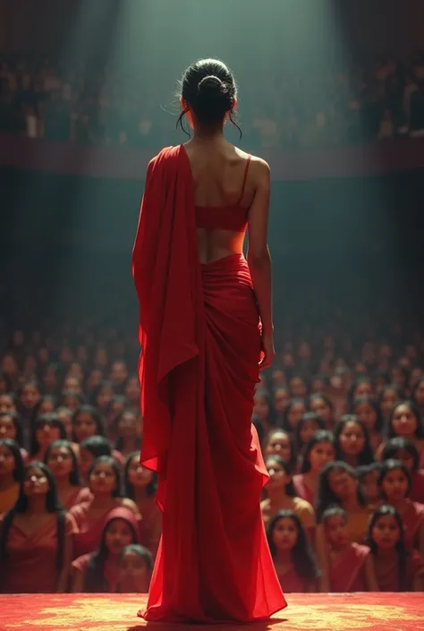 A woman with big butts is giving a speech on the stage wearing a thin white tight saree and there are 100 girls listening in front of her. She is wearing a tight thin skirt and a tight thin bra and her breasts are coming out of the bra.