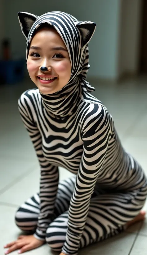 The beautiful asian muslumah adult girl with beautiful cheeks wears plains zebra print lycra turtleneck unitard catsuit covered with stripes and plains zebra print lycra elastane stretchy dancewear 100% stretchy hijab covered with stripes.She is happy to c...