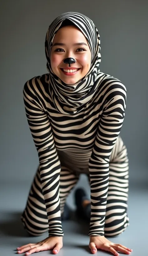 The beautiful asian muslumah adult girl with beautiful cheeks wears plains zebra print lycra turtleneck unitard catsuit covered with stripes and plains zebra print lycra elastane stretchy dancewear 100% stretchy hijab covered with stripes.She is happy to c...