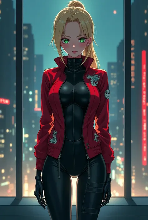 The image is anime style with shadows and dim lights, anime style although somewhat adult and dark, It shows a female android wearing a red jacket with prints and black latex pants and a suit., who appears to be 2, She has blonde hair tied back in a ponyta...