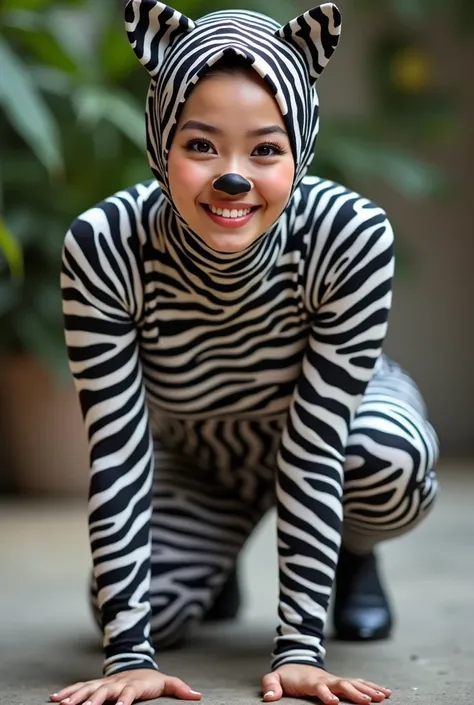 The beautiful asian muslumah adult girl with beautiful cheeks wears plains zebra print lycra turtleneck unitard catsuit covered with stripes and plains zebra print lycra elastane stretchy dancewear 100% stretchy hijab covered with stripes.She is happy to c...