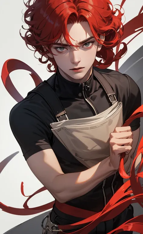 (Absurd, High, extremely detailed),((Masterpiece)), ((Best quality:1.1)), man. A high resolution, 8K,1 boy, (Red hair, Slightly curly hair, hair super short, layeRed hair :1.1 ), shadowed face, (People&#39;black coat with red fabric, black top, black men&#...