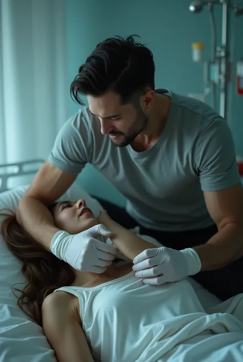 Un homme sexy en t shirt avec des gants blancs qui se tient derière une femme dans un lit d’hopital. L’homme mets un chiffon sur la bouche de la femme qui se débat 