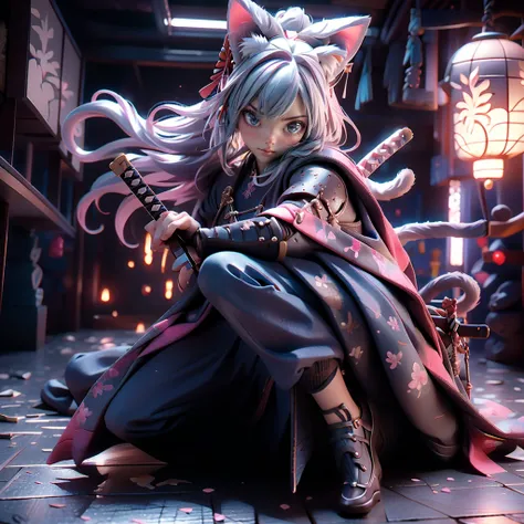 Moisturized Skin, (blue eyes), Realistic body, (Adult female body), Energetic, 3DCG, front, Pink lipstick, (Silver Hair), ((Cat ear)), Beautiful Hair, Long Hair, ponytail, (((Samurai Armor: 1.3))), ((masterpiece + Highest quality + High resolution + Very d...