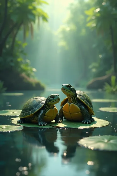 The Aftermath
 * Prompt: The two turtles sitting together on a lily pad after the storm. Tommy looks relieved and grateful, while Timmy looks wise and experienced.
 * Style: A peaceful, serene image with soft, natural colors and a sense of resolution