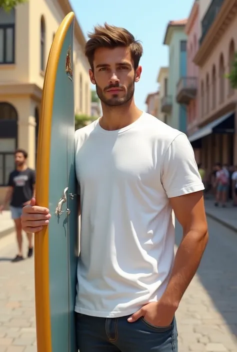 Create a common looking male model, holding a surfboard wearing a simple white t-shirt in streetwear style.