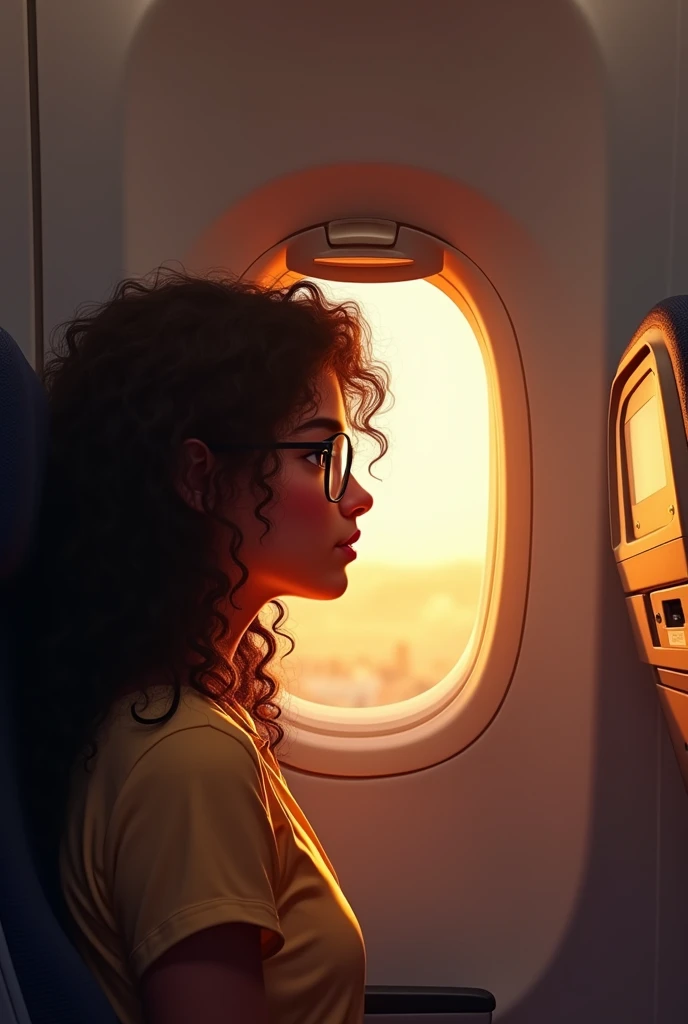 Brown skin teen girl, with glasses and long curly hair sitting in the first row D1 of flight and the opposite window was open with golden light flashing to her face show the view from back