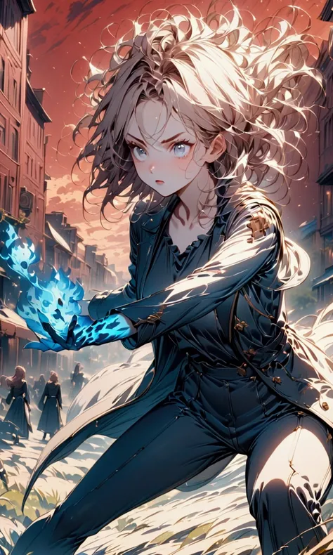 aesthetic background, best quality, perfect quality, cute face, girl fighting, beautiful background scenery of red sky behind her, red king messy hair, white eyes, she’s serious, black tight shirt, black pants, black coat, blue fire powers