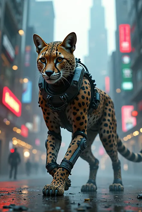 Cheetah fo cyberpunk city in tranformer costume 