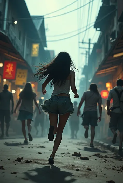 "Image of the zombie outbreak in Chiang Mai, Zombies walk along the pedestrian street, Escaping zombies, The atmosphere is gloomy.,There is a teenage girl with long black hair running to try to escape the zombies, action movie style."