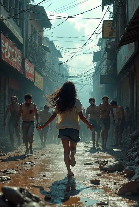 "Image of the zombie outbreak in Chiang Mai, Zombies walk along the pedestrian street, Escaping zombies, The atmosphere is gloomy.,There is a teenage girl with long black hair running to try to escape the zombies, action movie style."